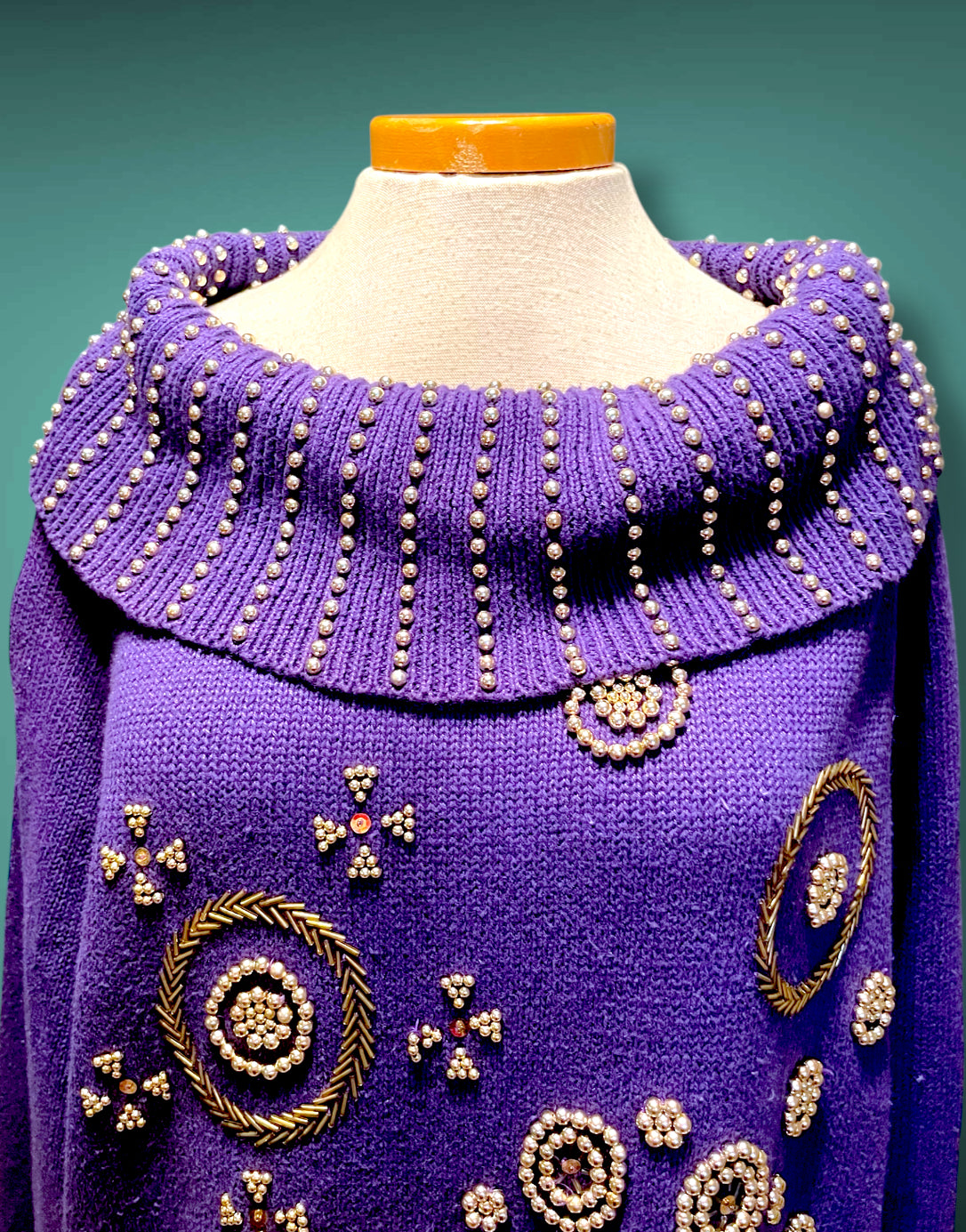 Vintage 1980’s Purple Oversized Boat Neck Sweater with Gold Bead Detail Design