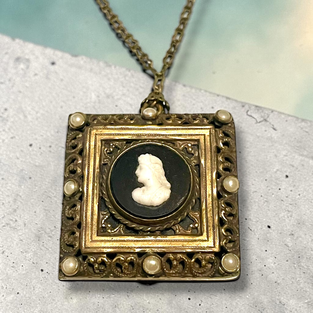 Brass Filigree Square Black & White Art Glass Mourning Cameo Photo Locket Necklace