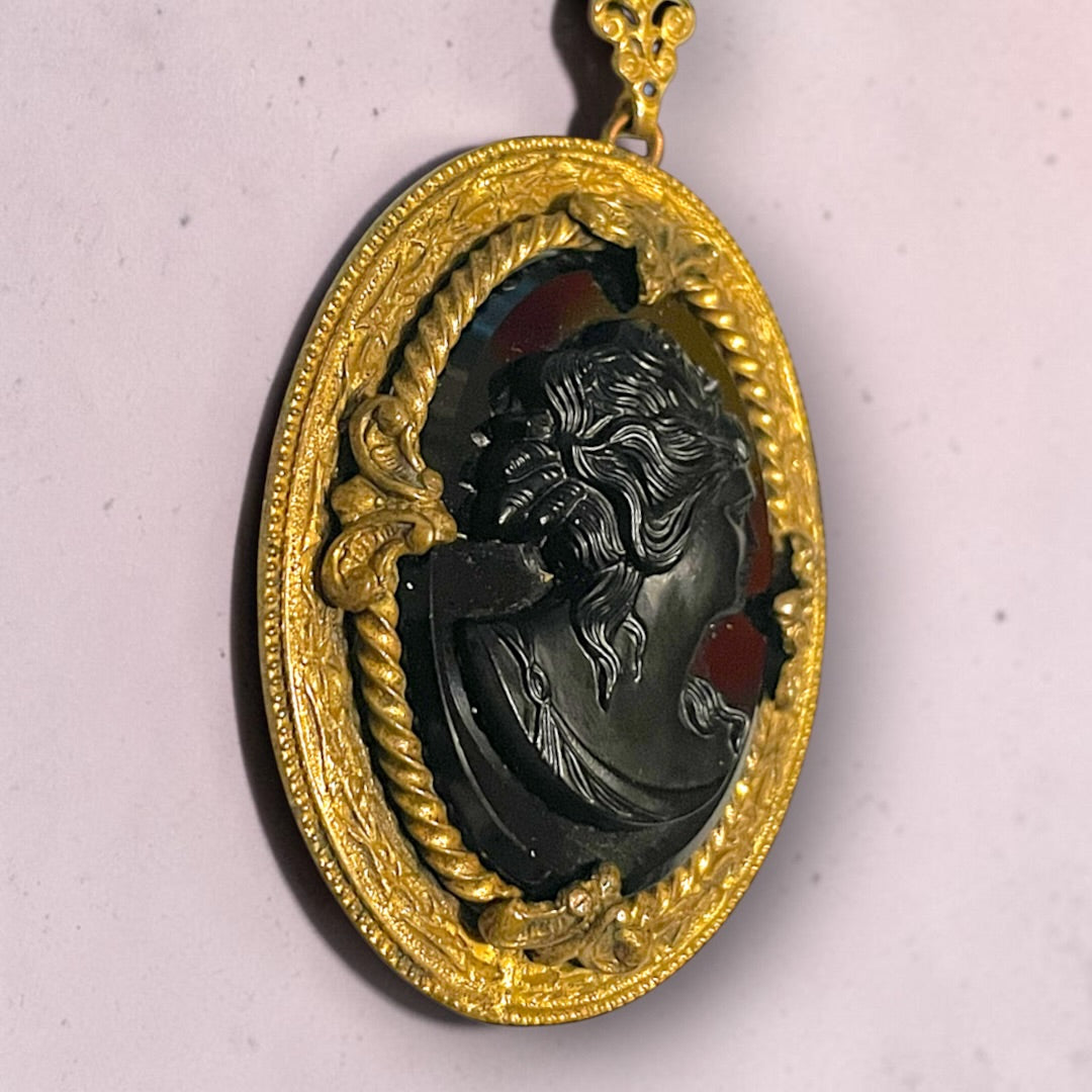 Victorian Gothic Black Art Glass Mourning Cameo Prong Set Pendant Necklace
