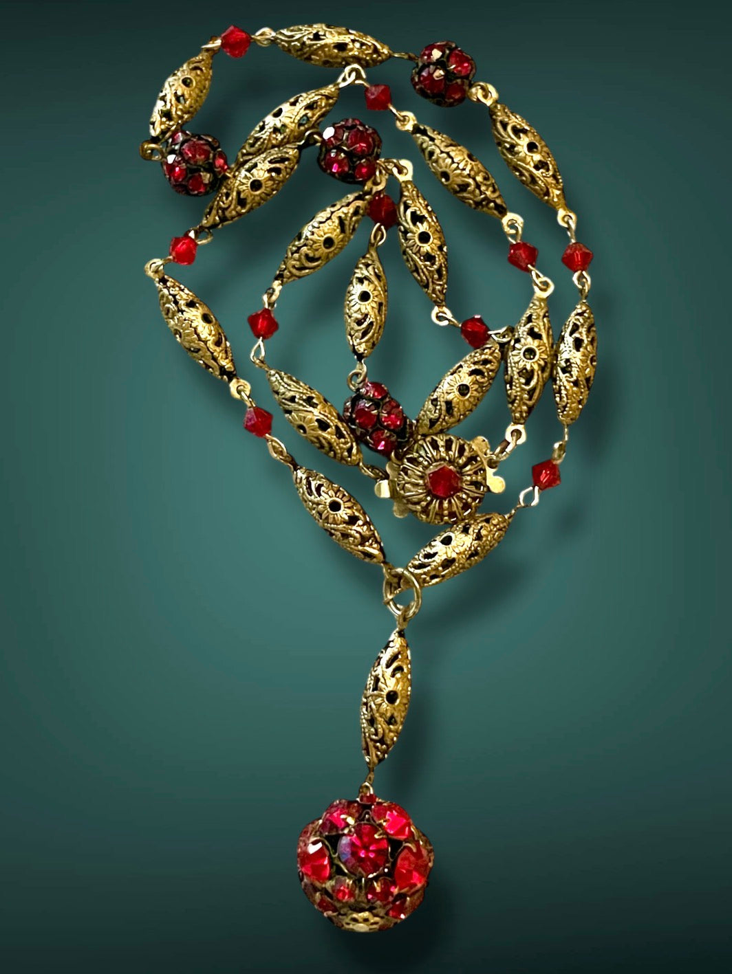 Vintage Art Nouveau Czech Ruby Red Crystal Brass Filigree Y Lavaliere Necklace