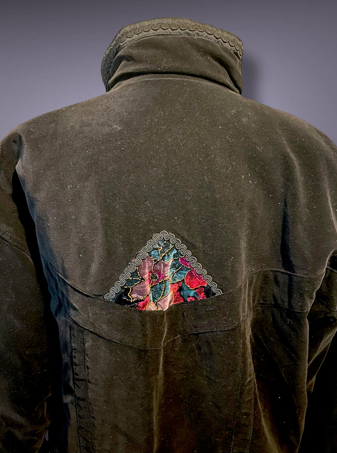 80’s 90’s Black Velvet Puffer Coat w/ Red & Purple Gold Crush Velvet Rose Detail