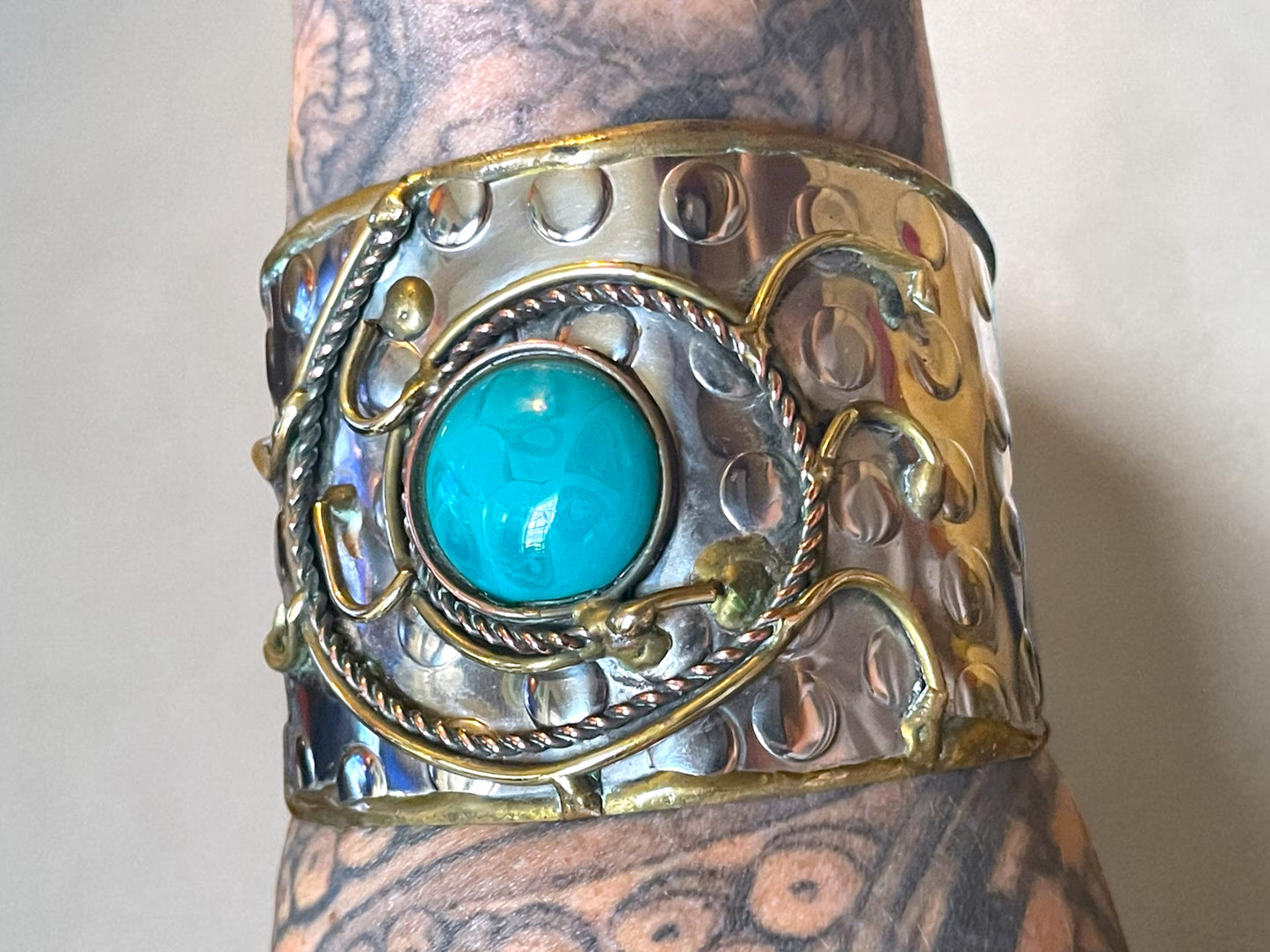 Brutalist Turquoise Art Glass Copper, Brass & Silver Wide Hammered Cuff Bracelet