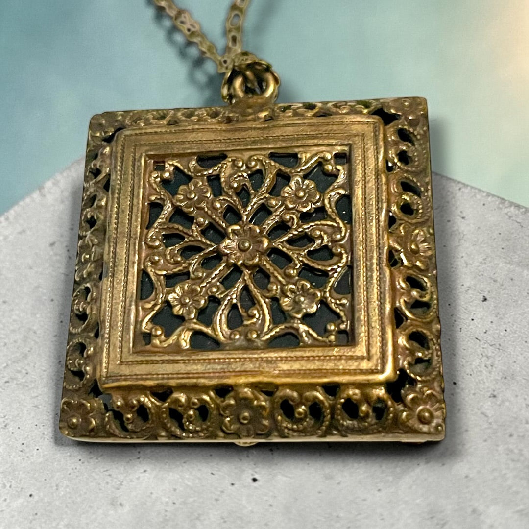 Brass Filigree Square Black & White Art Glass Mourning Cameo Photo Locket Necklace