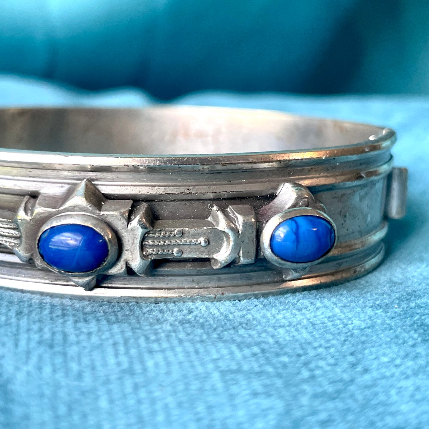 Antique Regal Blue Lapis Art Glass Silver Hinged Bangle Bracelet
