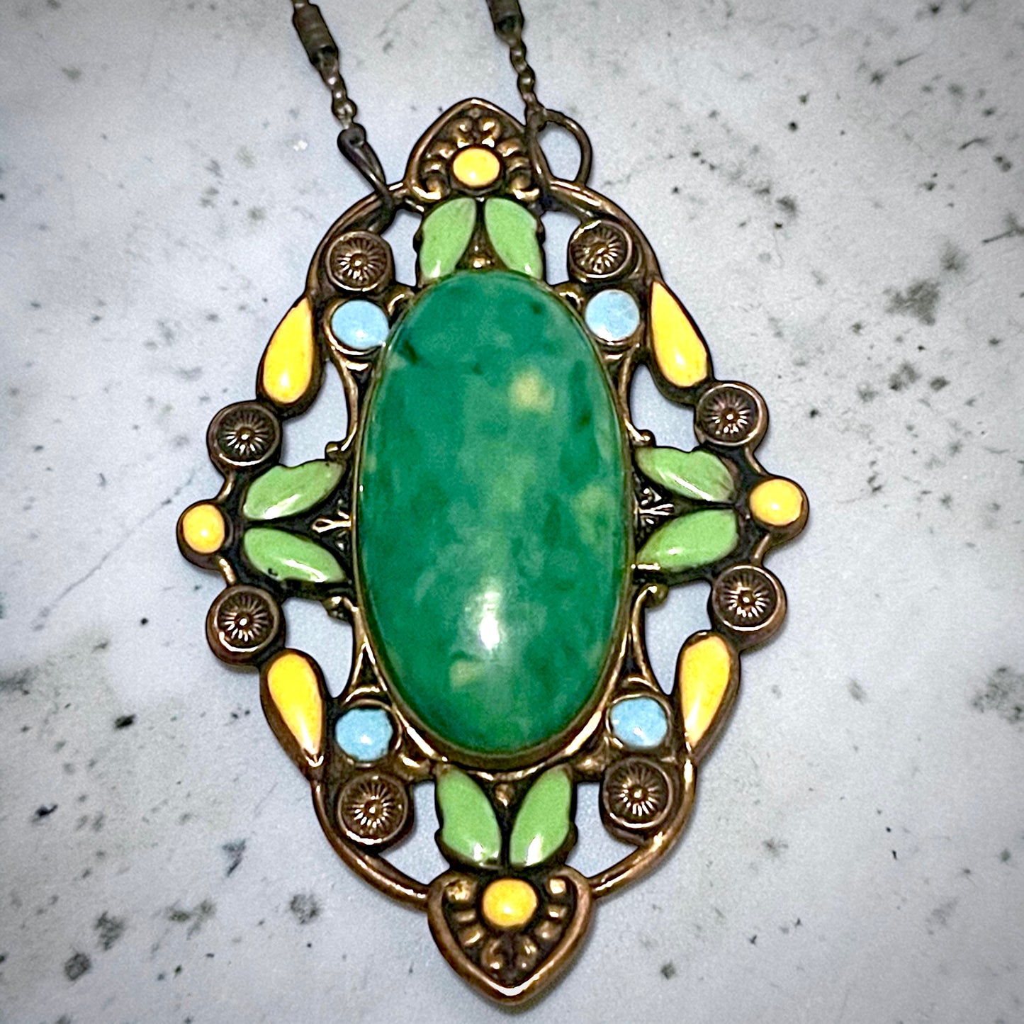 Czech Brass Green Peking Art Glass Yellow & Green Enamel Brooch Pendant Necklace
