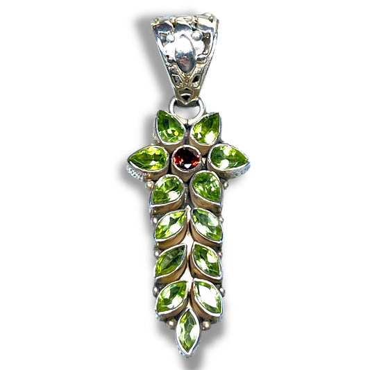 Peridot & Garnet Sterling Silver Flower Necklace Pendant