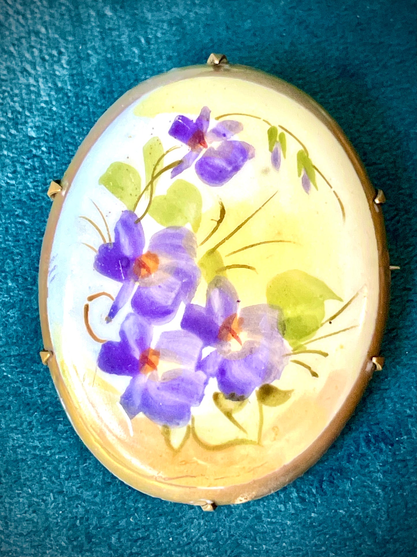 Victorian Forget Me Not Flowers Hand Painted Porcelain Limogé Brooch