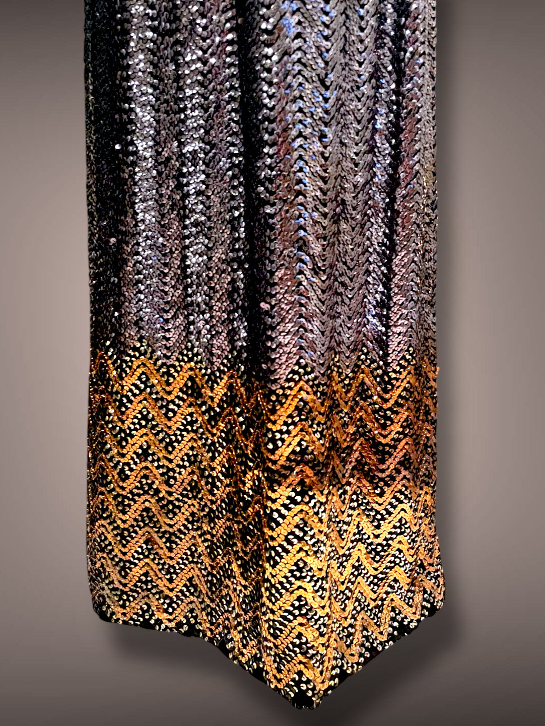 Gorgeous 1960’s Calderón Designer Black Long Sleeve Silver, Gold & Copper Metallic Sequin Maxi Dress