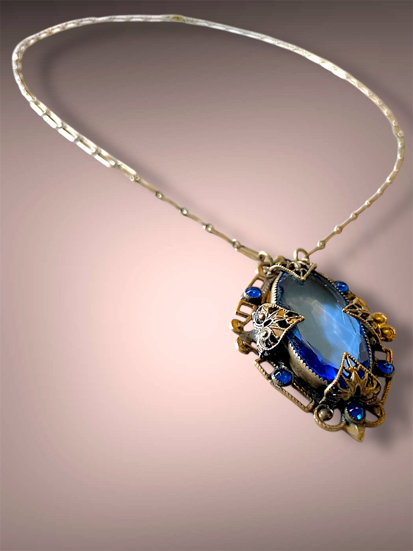 Art Nouveau Czech Brass Blue Art Glass & Saphire Chrystal Filigree Floral Stamped Necklace