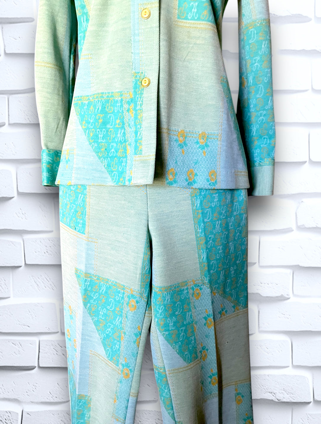 1960’s Teal, Sea Foam Green & Yellow Patchwork & Monogram Pattern Suit Outfit