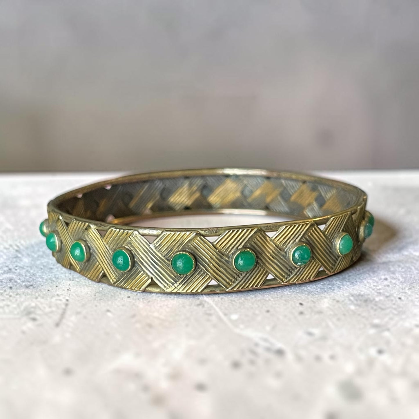 Edwardian Chrysoprase Gemstone Brass Bangle Bracelet