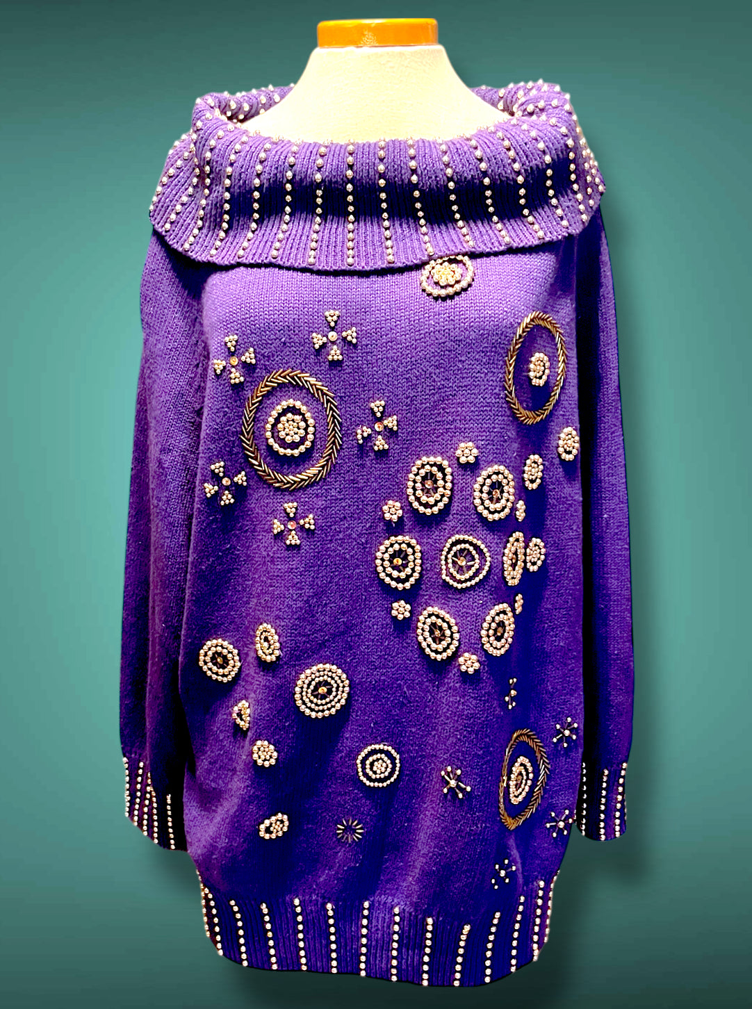 Vintage 1980’s Purple Oversized Boat Neck Sweater with Gold Bead Detail Design