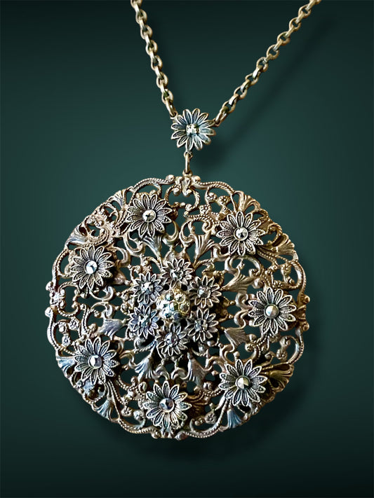 Art Nouveau Brass Floral & Flourish Filigree Daisy Marcasite Necklace