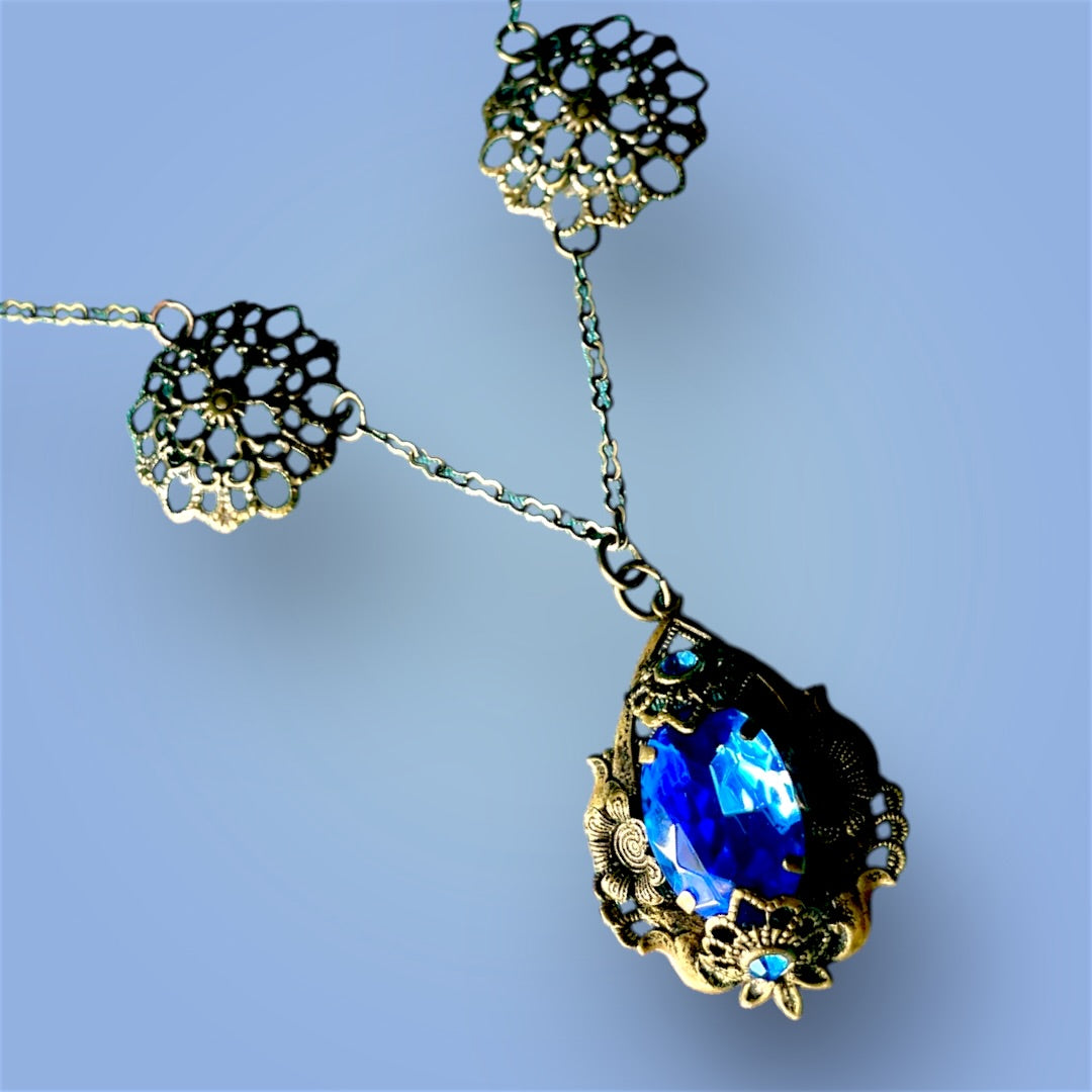 Art Nouveau Czechoslovakian Brass Filigree Royal Blue Crystal Necklace