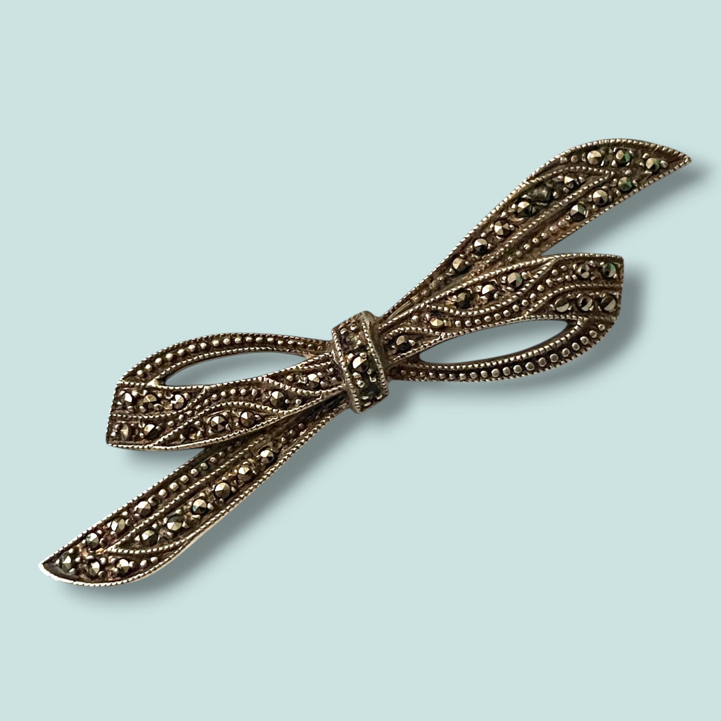 Art Deco Sterling Silver & Marcasite Ribbon Bow Brooch