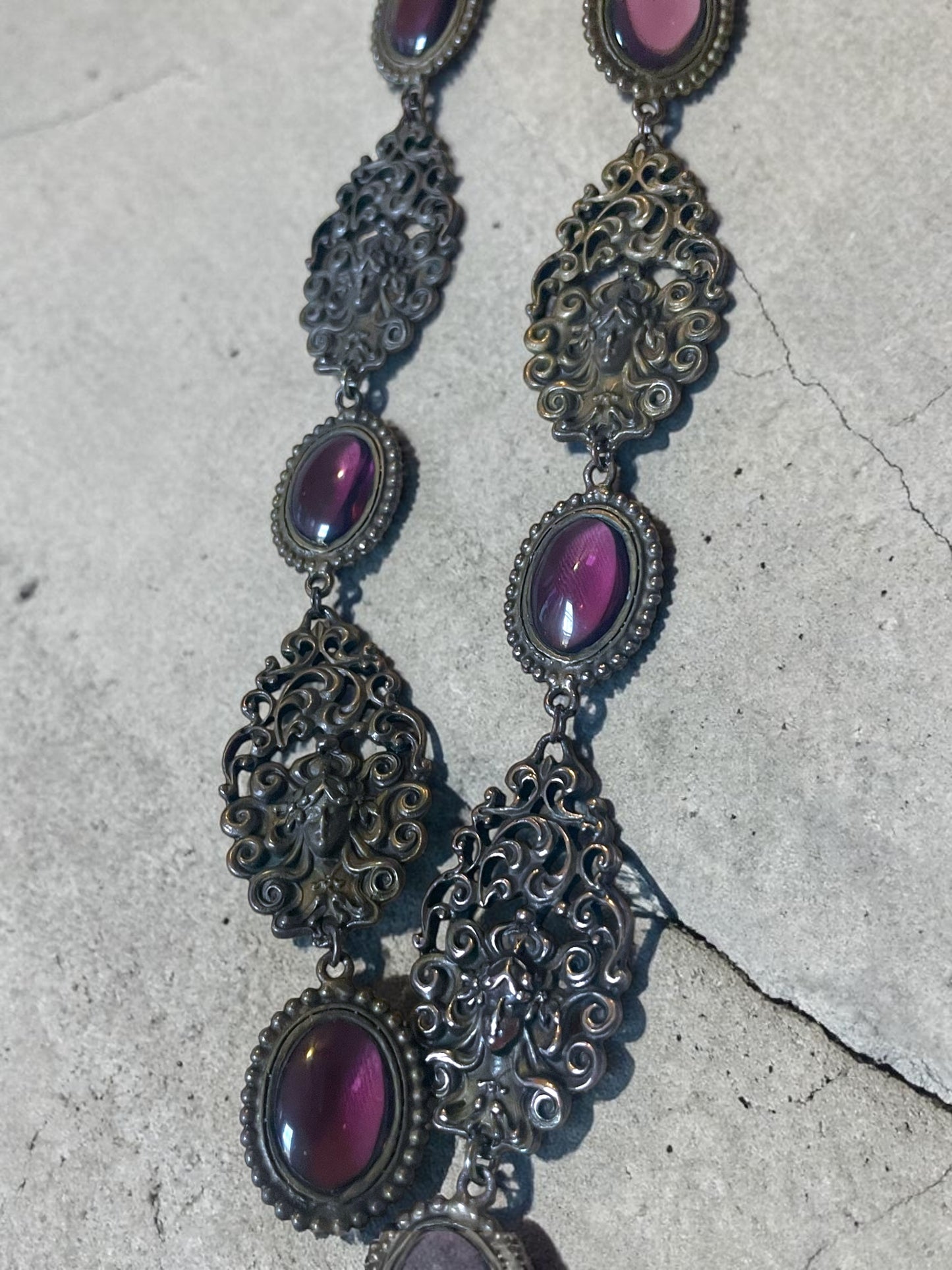 Art Nouveau Woman’s Face Flowing Hair Brass Purple Art Glass Long Necklace