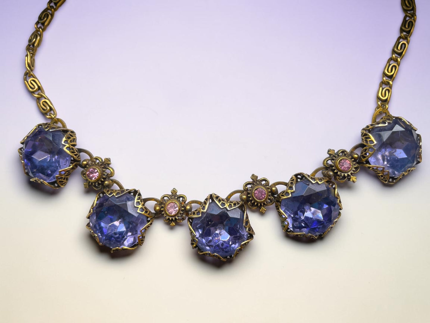 Art Nouveau Austrian Lilac Purple & Pink Crystal Gold Filled Brass Filigree Schiaparelli Necklace