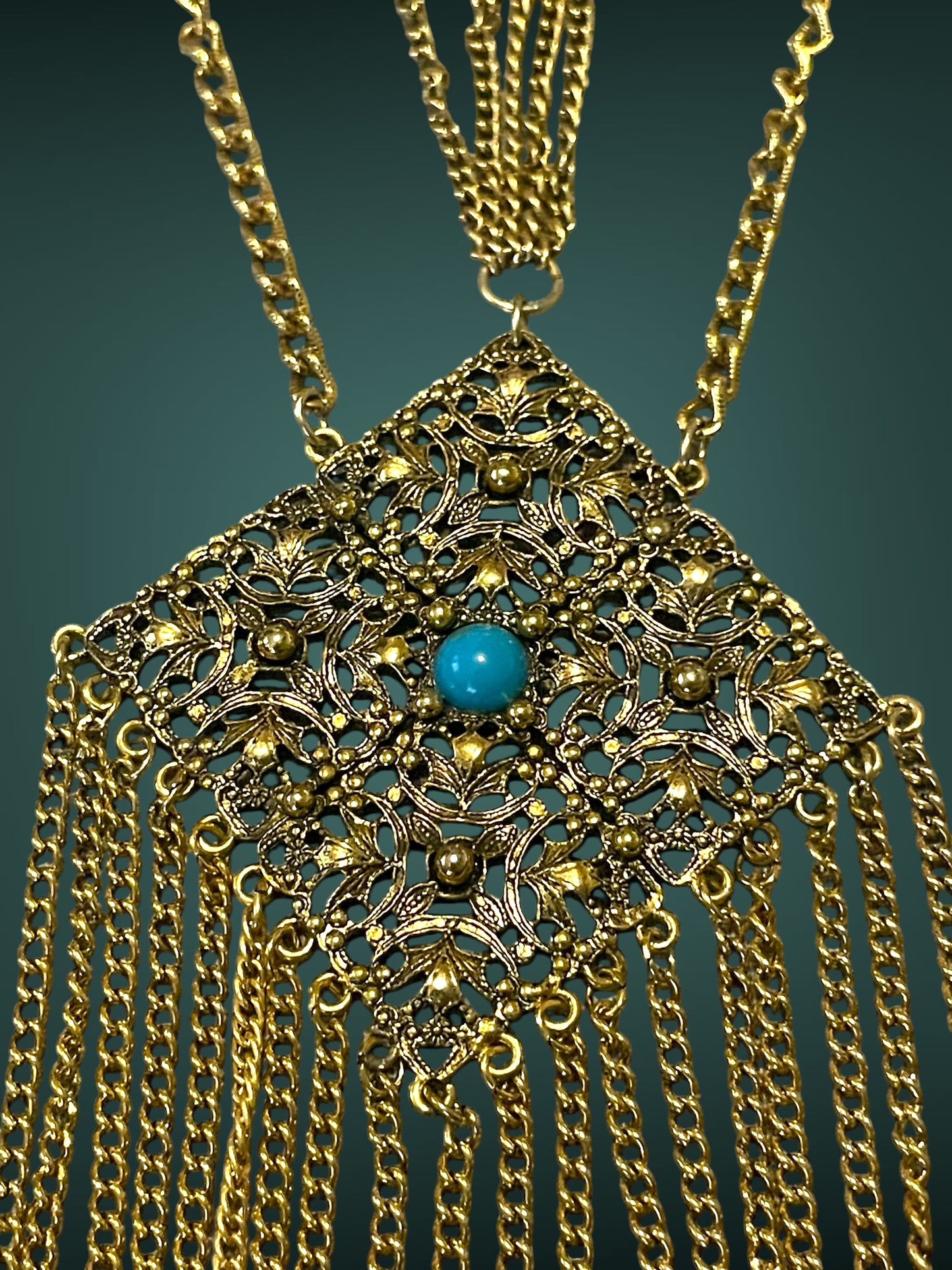 Art Nouveau Czech Gold Filigree Chestplate Turquoise Chain Dangle Festoon Necklace