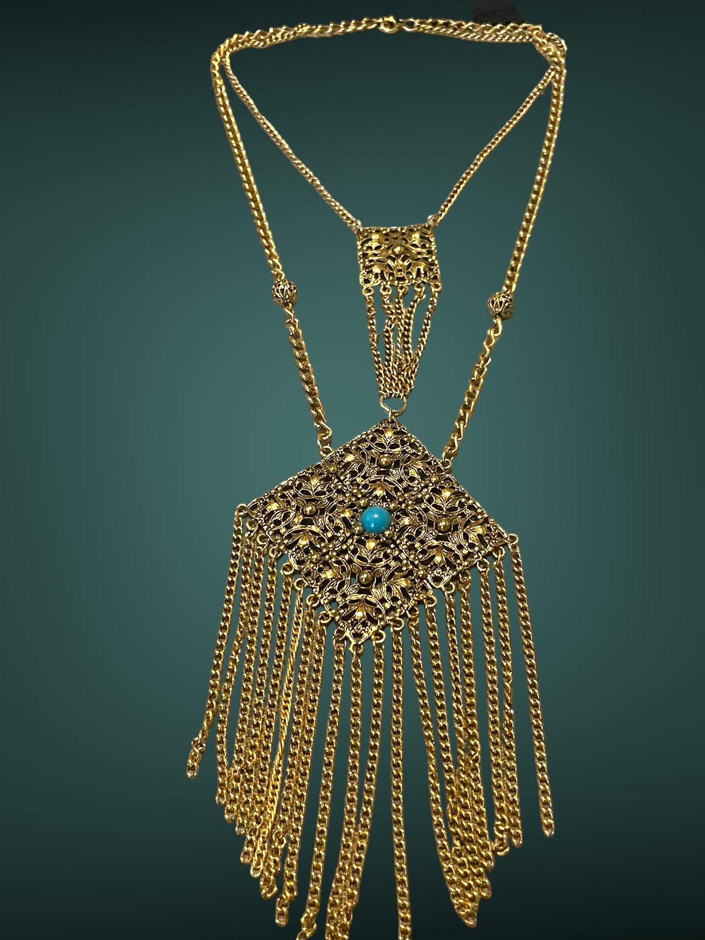 Art Nouveau Czech Gold Filigree Chestplate Turquoise Chain Dangle Festoon Necklace