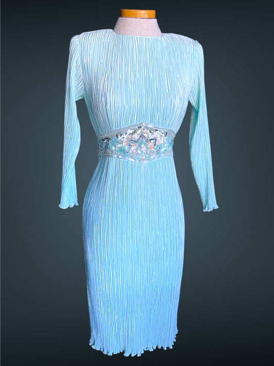 Vintage 1980’s Baby Blue Accordion Pleat Long Sleeve Dress w/ Aurora Borealis Sequins & Glass Beads
