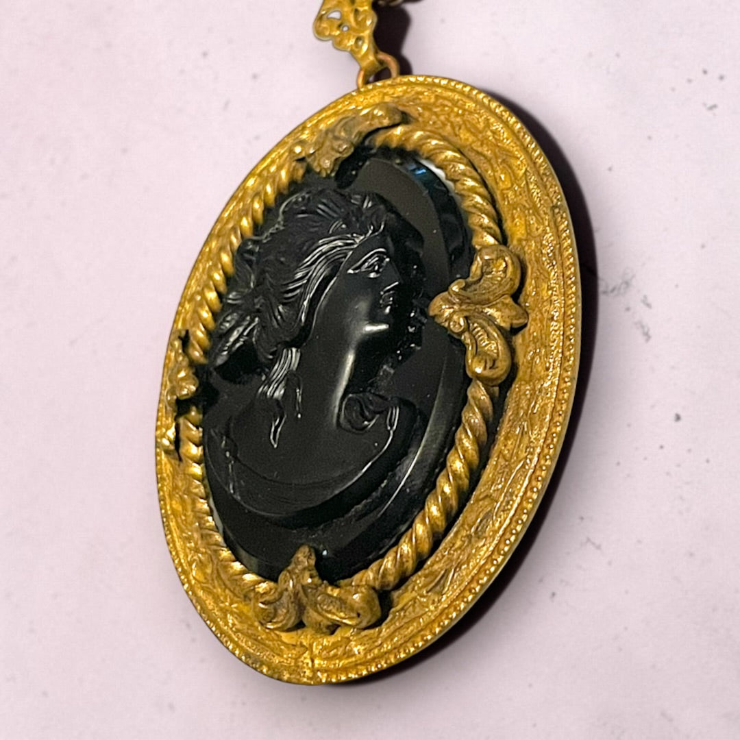 Victorian Gothic Black Art Glass Mourning Cameo Prong Set Pendant Necklace