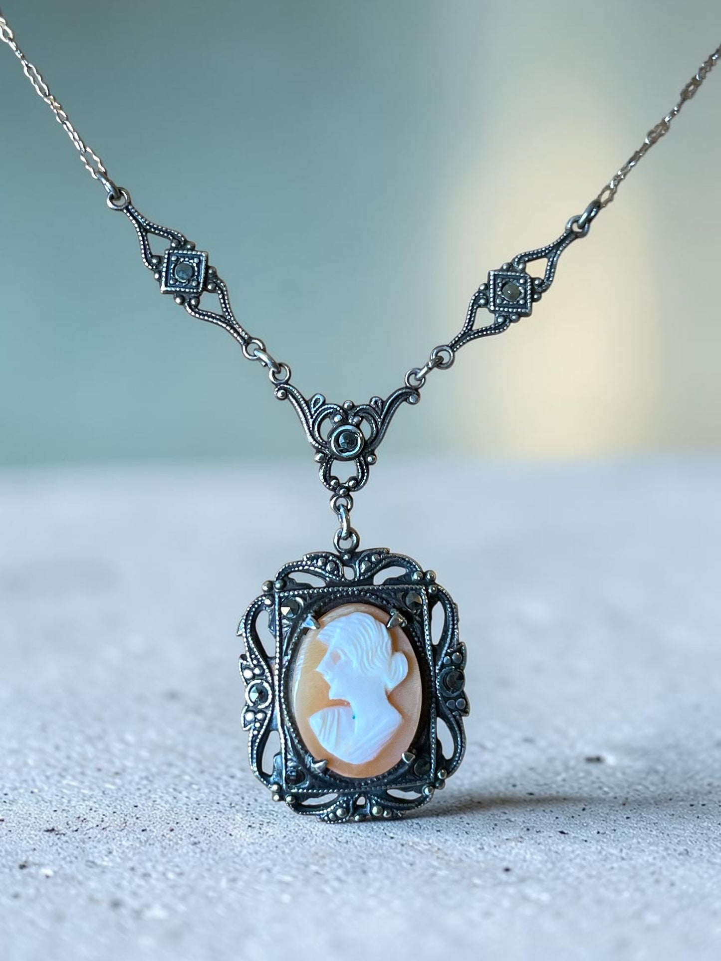 Victorian Sterling Silver & Marcasite Hand Carved Shell Cameo Necklace