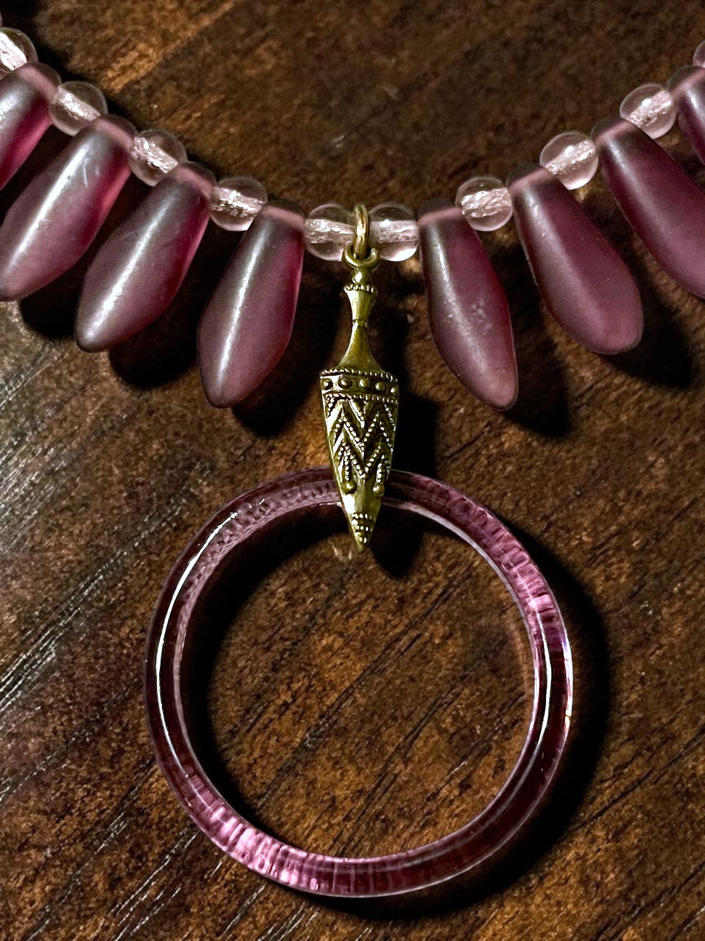 Art Deco Czech Purple Art Glass Vauxhall Ring Embossed Brass Setting Necklace