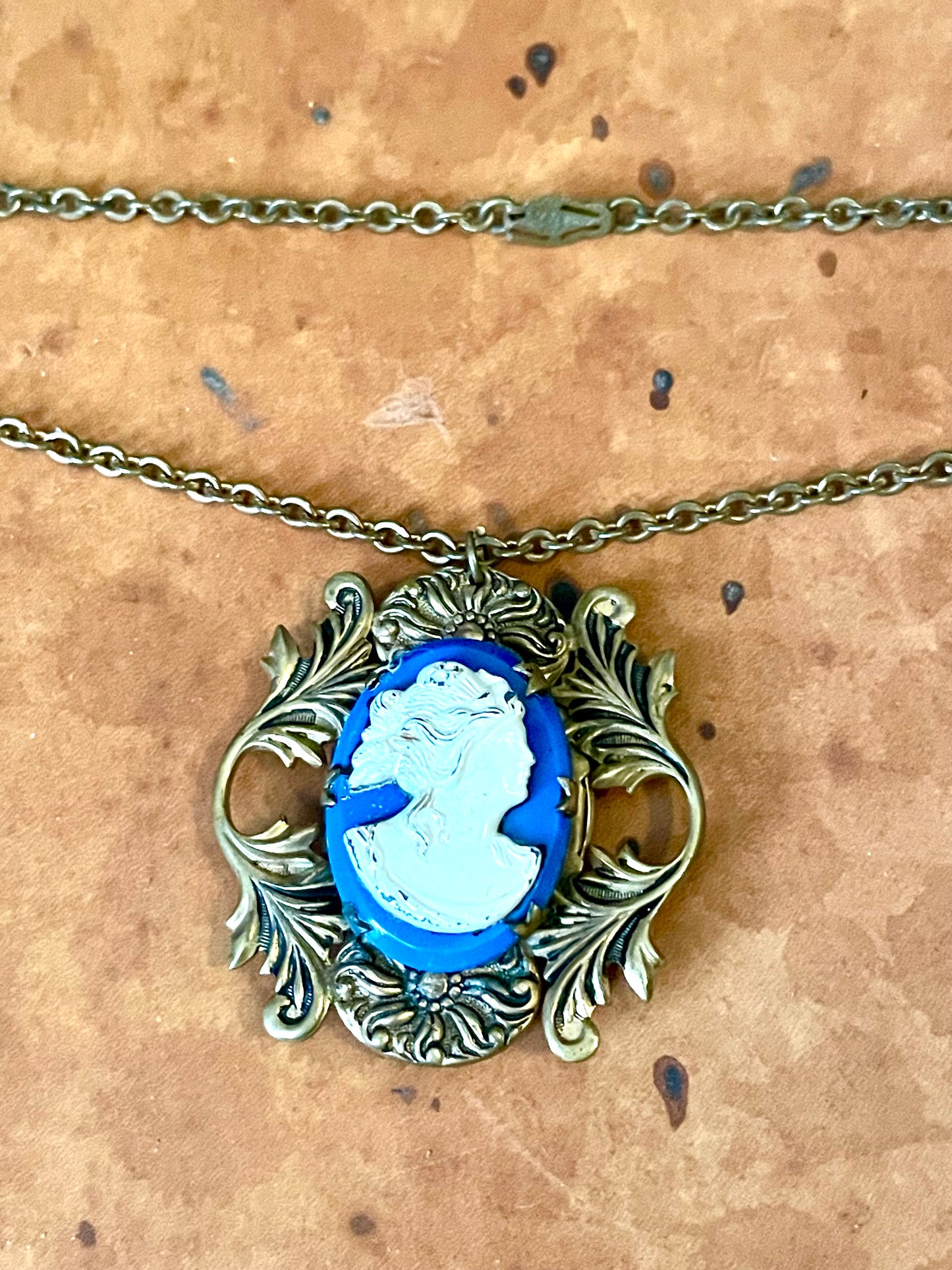 Art Nouveau Ornate Brass Blue & White Art Glass Cameo Locket Necklace