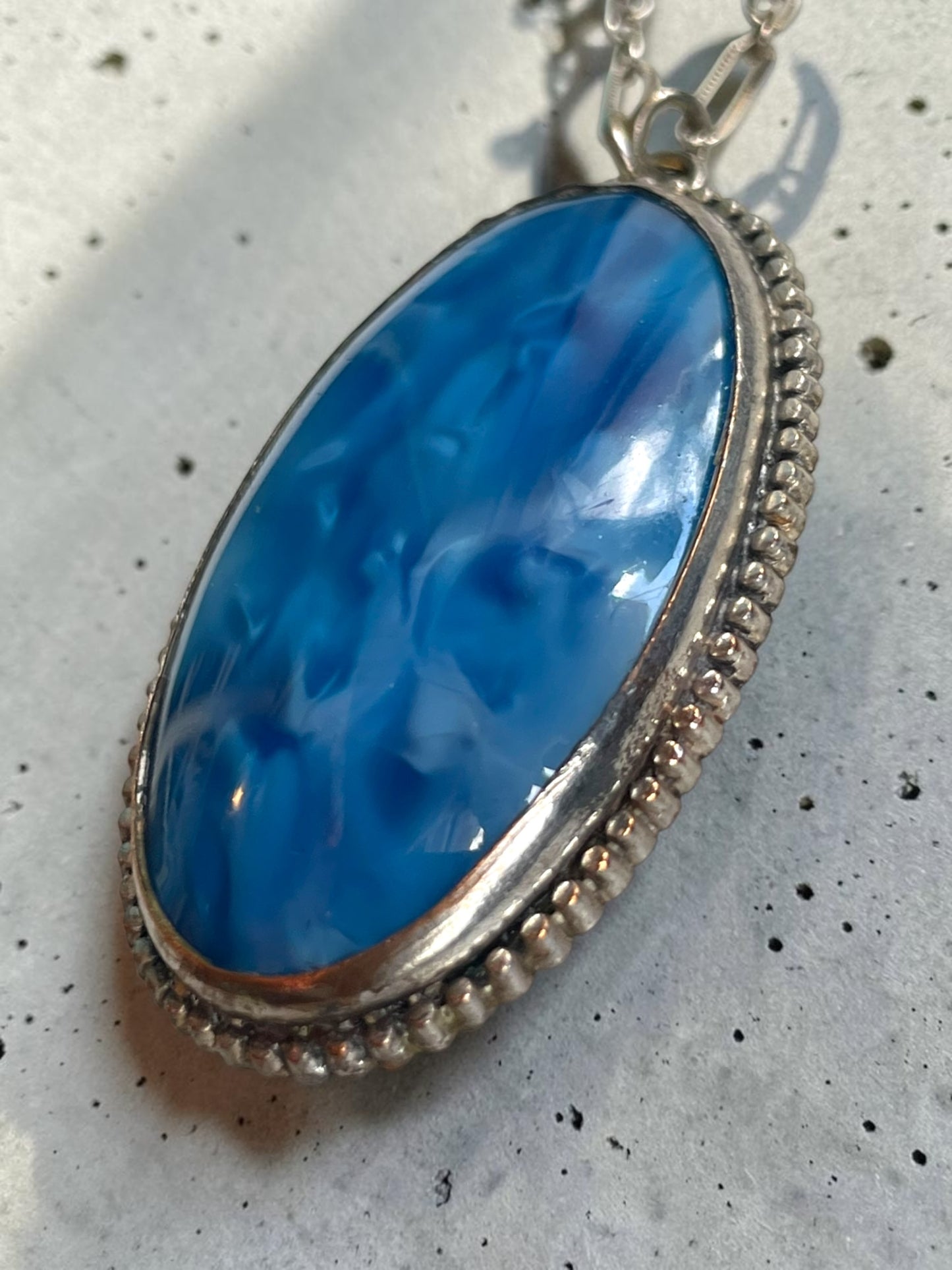 Art Deco Opalescent Blue Marble Art Glass Sterling Silver Chain Necklace