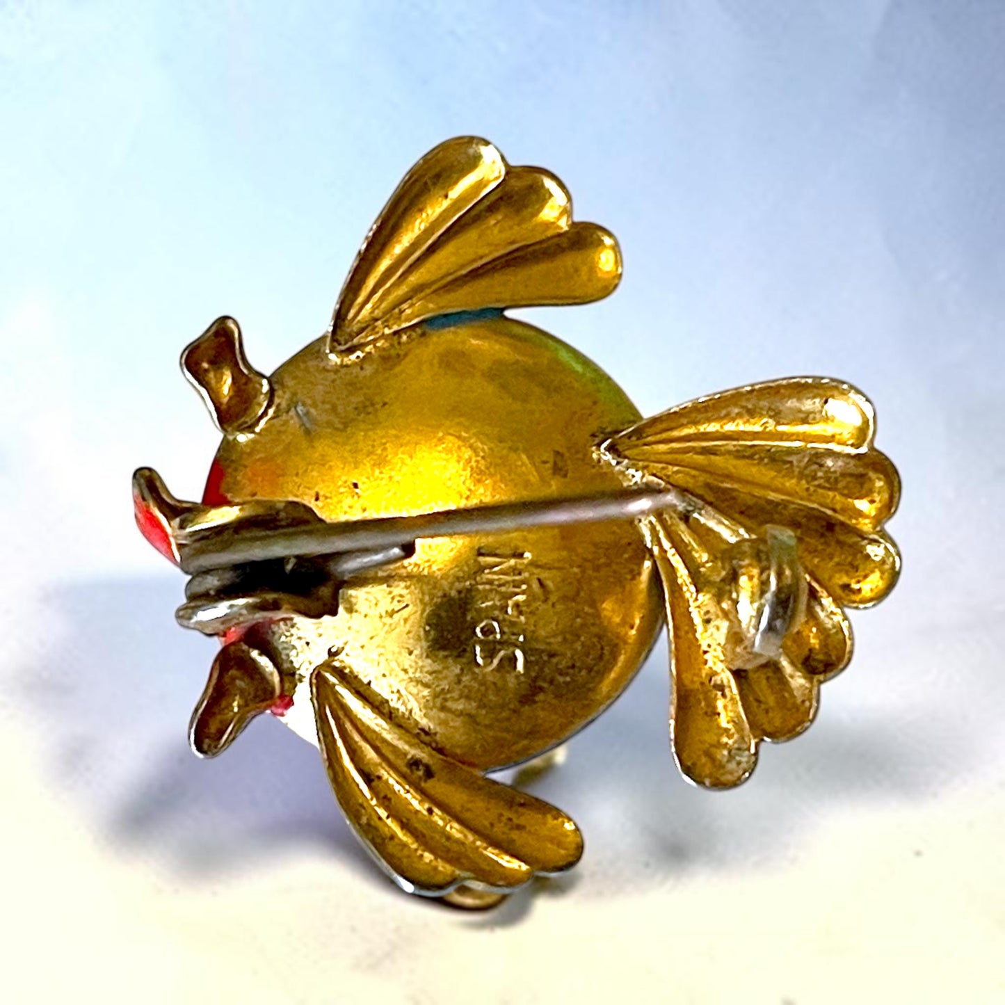 Vintage 1940 Polkadot Kissing Fish Brass Figural Spain Brooch