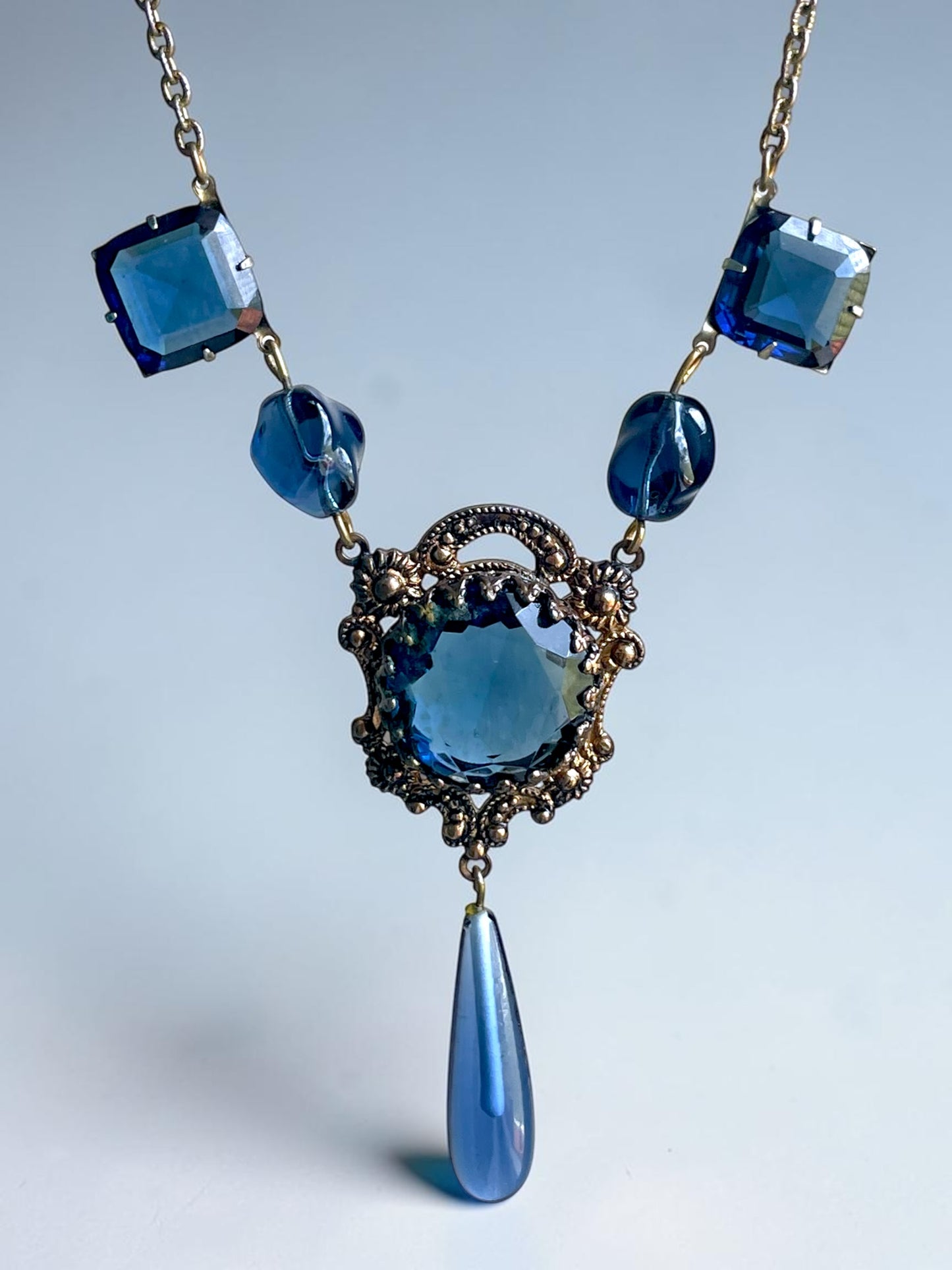 Art Nouveau Saphire Blue Czech Art Glass Brass Filigree Necklace