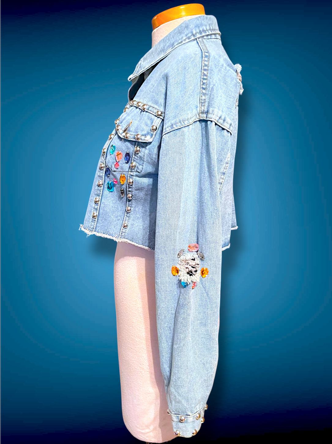 Vintage 1980’s Rainbow Jewel Crystal Stone Encrusted & Metal Rivet Crop Distressed Jean Jacket