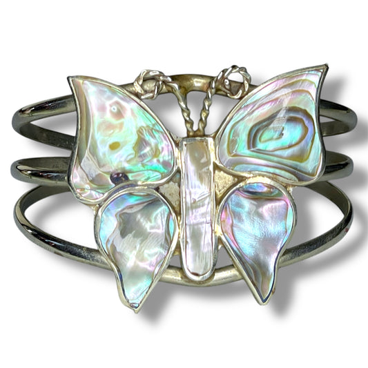 Vintage Sterling Silver Abalone Butterfly Cuff Bracelet