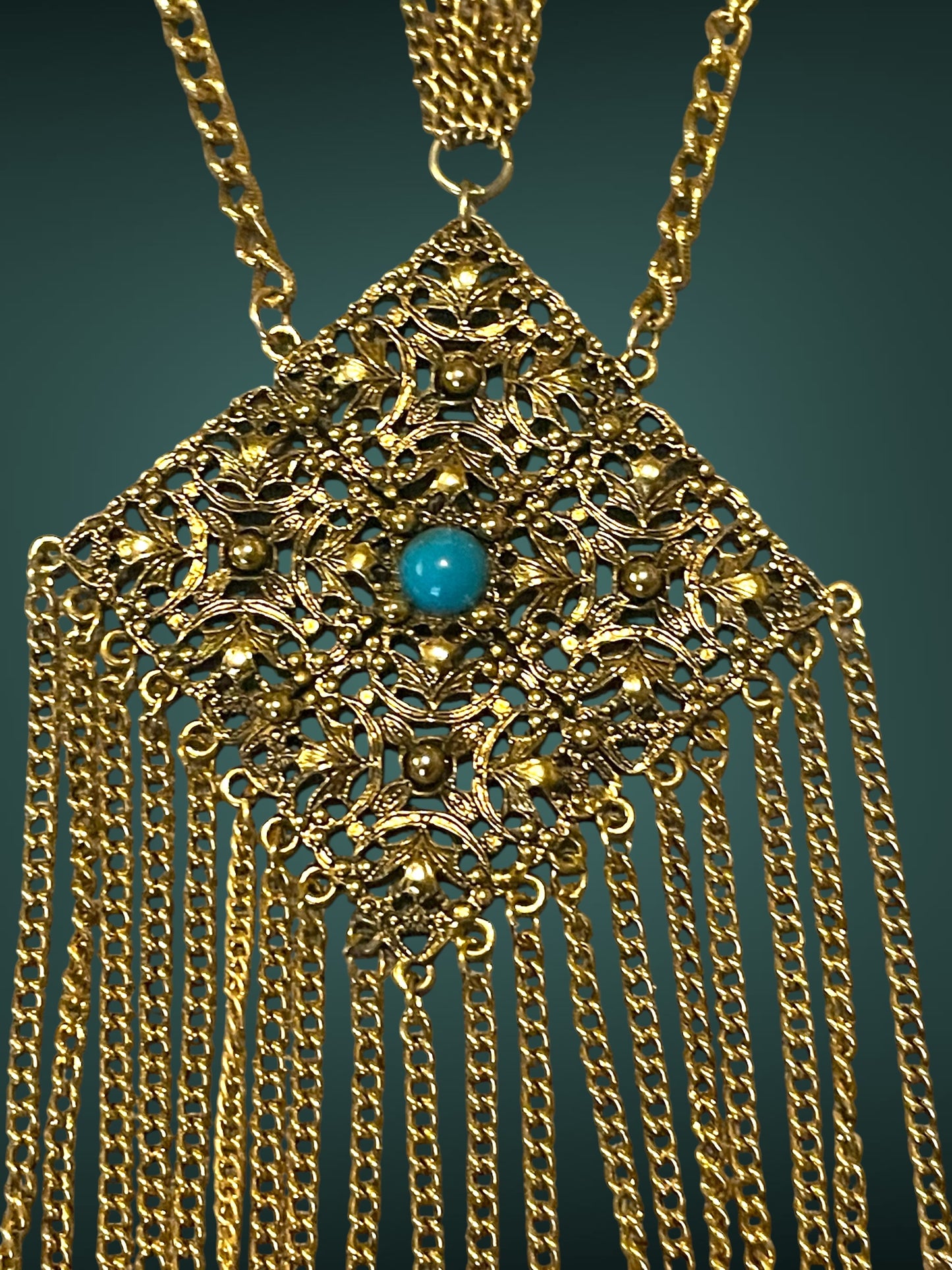 Art Nouveau Czech Gold Filigree Chestplate Turquoise Chain Dangle Festoon Necklace