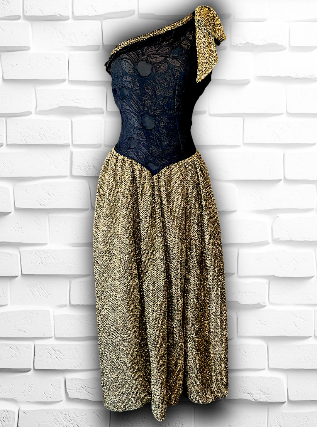 Vintage 1980’s Gold Lamé Bow & Black Transparent Bodice Long Dress