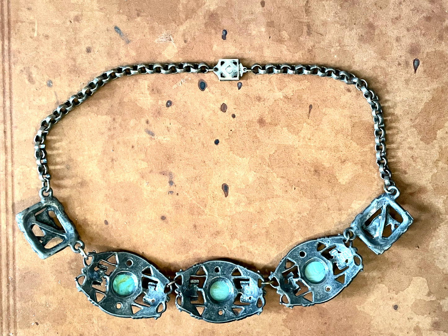1940’s Southwest Thunderbird Cast Silver Panel Choker Necklace