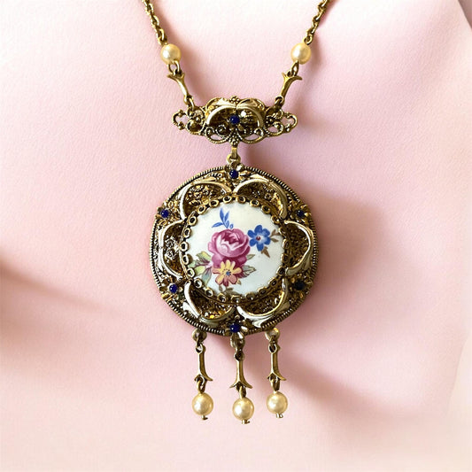 Art Nouveau Gilded Brass Filigree Porcelain Rose Floral Bouquet Limoge, Cloisonné Enamel & Blue Art Glass Necklace