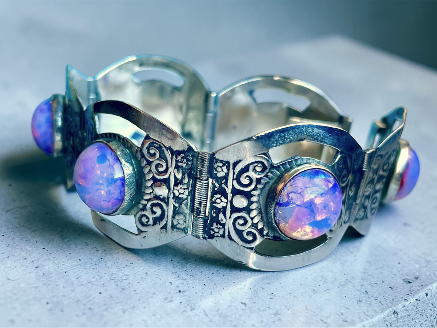 Sterling Pink Dragons Breath Fire Opal Foil Art Glass Taxco Mexico Bracelet