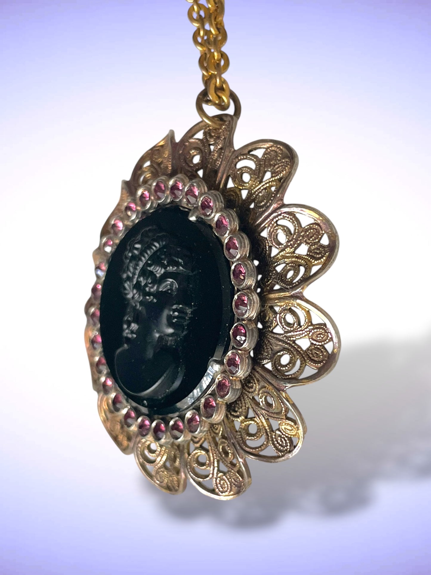 Czechoslovakian Brass Filigree, Purple Crystal, Black Art Glass Mourning Cameo Necklace