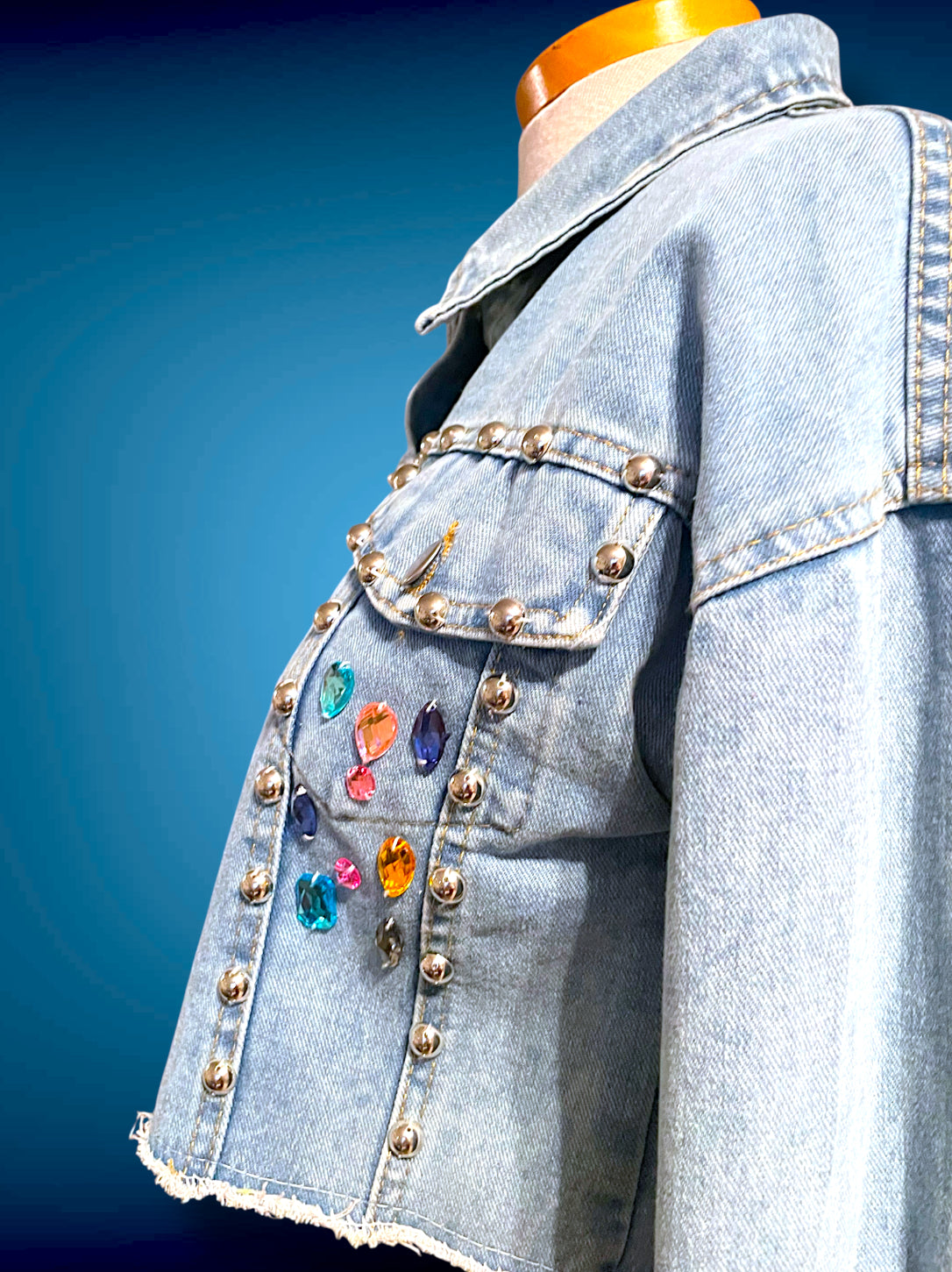 Vintage 1980’s Rainbow Jewel Crystal Stone Encrusted & Metal Rivet Crop Distressed Jean Jacket