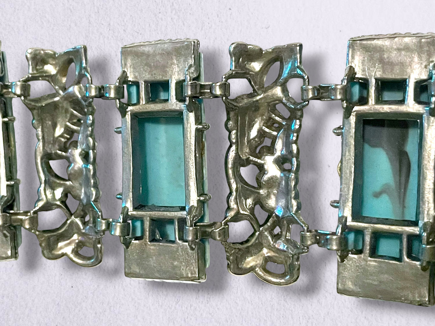 Mid Century Modern Chunky Silver Flower & Thermoset Faux Turquoise Panel Bracelet