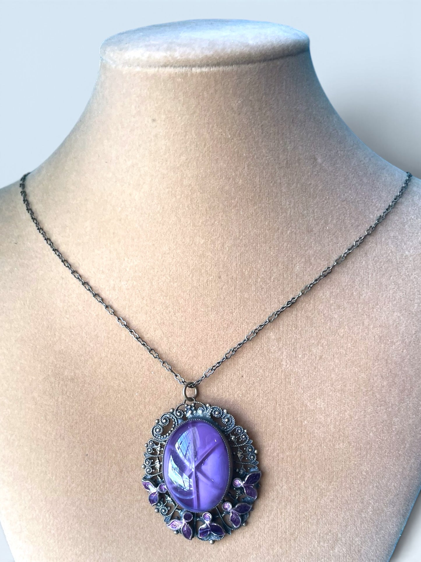 Art Nouveau Nieger Brothers Purple Cat Eye Star Art Glass Enamel Flower Brass Filigree Necklace