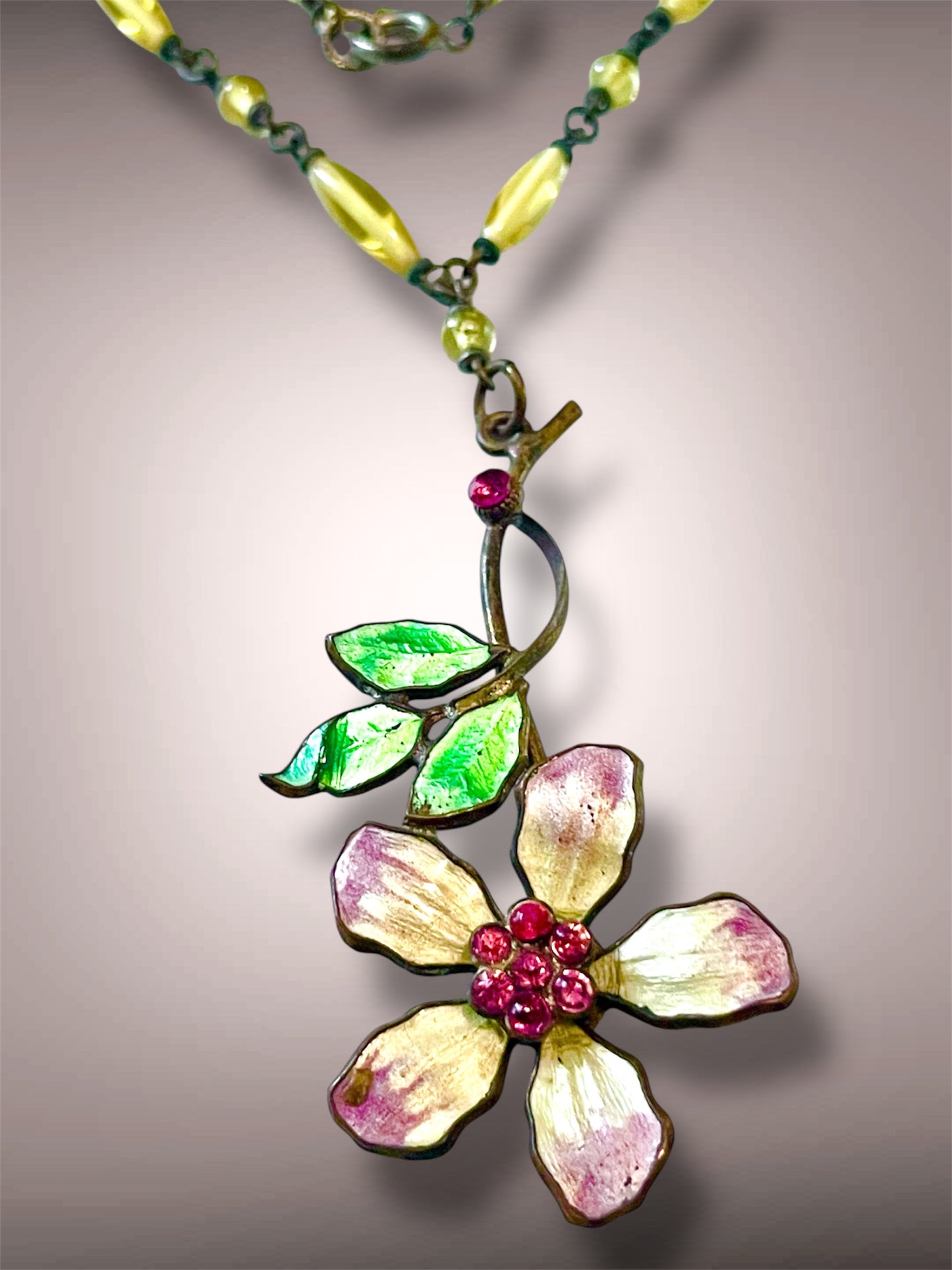 Art Nouveau Czech Cloisonné Yellow & Purple Flower, Leaves & Pink Crystal Yellow Glass Bead Y Drop Lavaliere Necklace