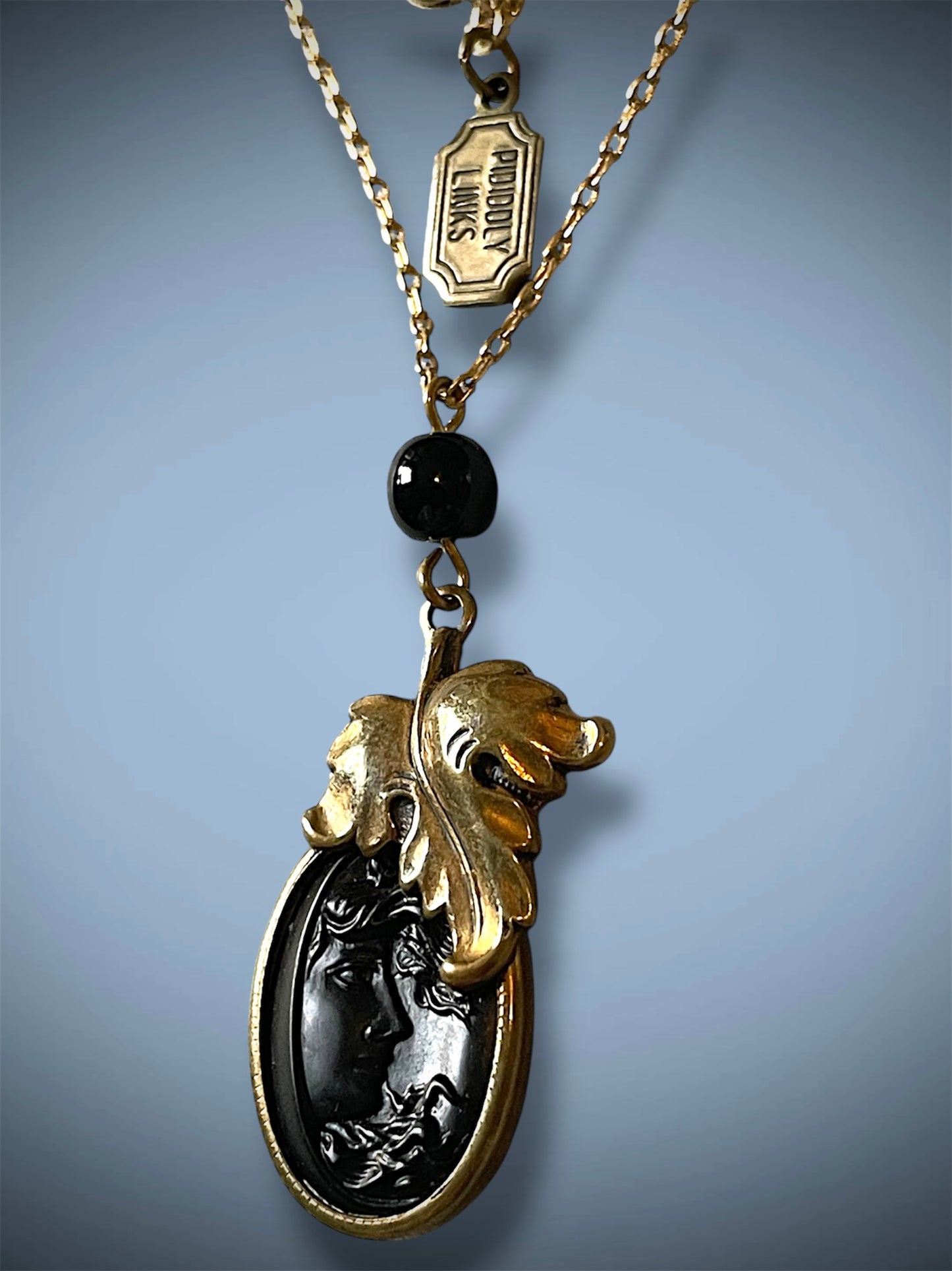 Vintage Pididdly Links Brass Art Nouveau Leaf Set Black Mourning Cameo Necklace