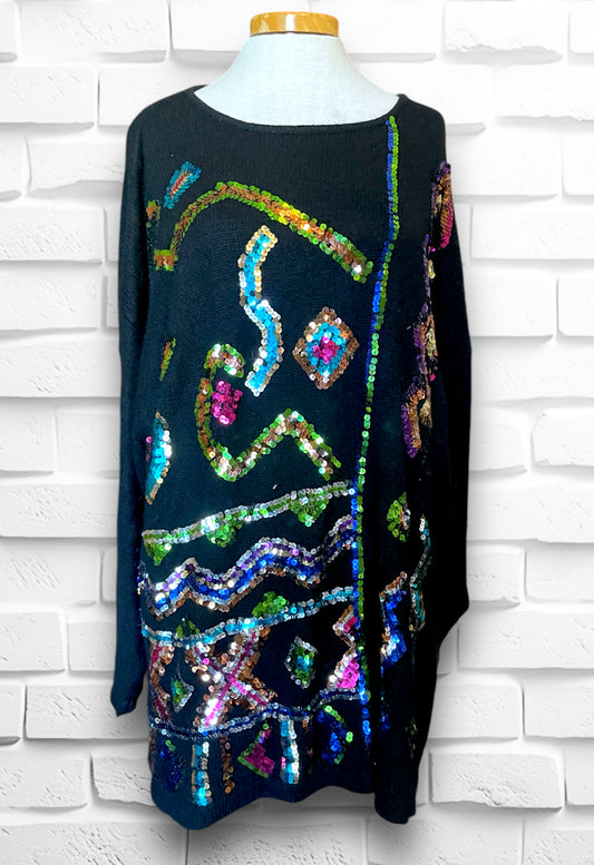 1980’s Rainbow Sequin Silk, Angora, Wool Oversized Black Sweater