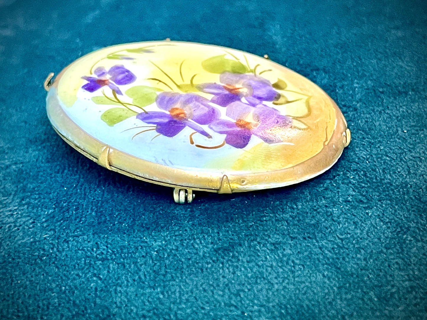 Victorian Forget Me Not Flowers Hand Painted Porcelain Limogé Brooch