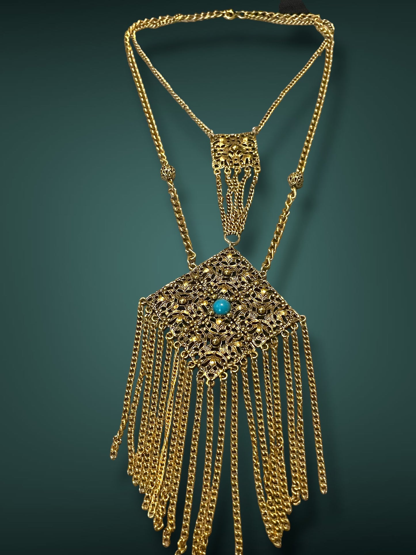 Art Nouveau Czech Gold Filigree Chestplate Turquoise Chain Dangle Festoon Necklace