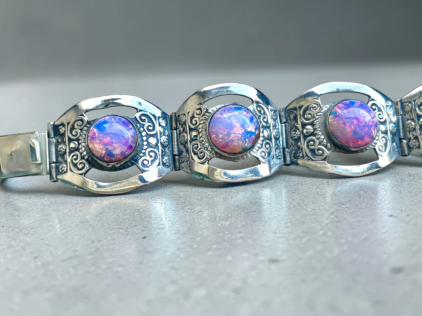 Sterling Pink Dragons Breath Fire Opal Foil Art Glass Taxco Mexico Bracelet