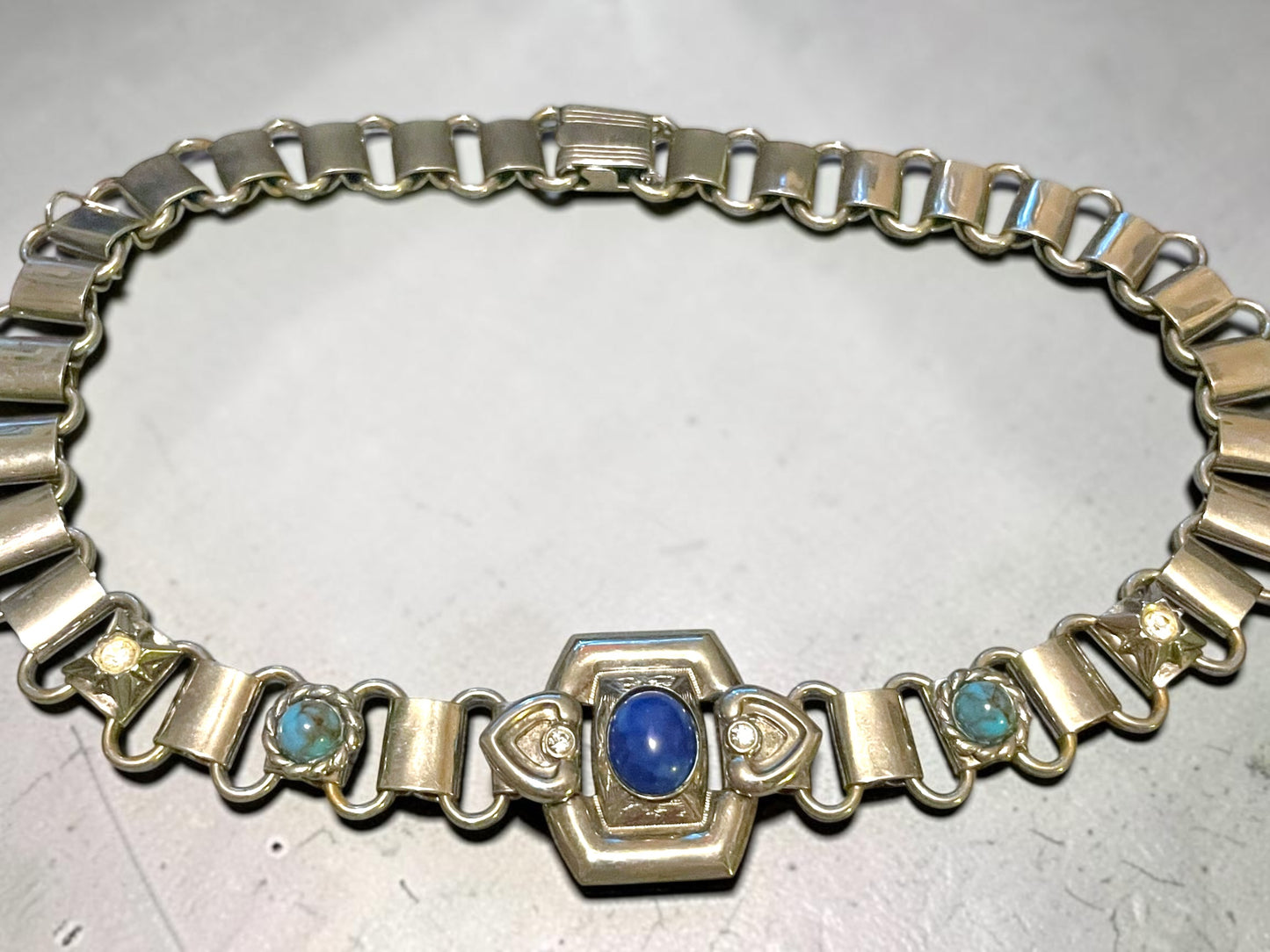 Victorian Chunky Silver Book-link Chain, Blue Lapis & Turquoise Art Glass & Crystal Rhinestone Collar Necklace