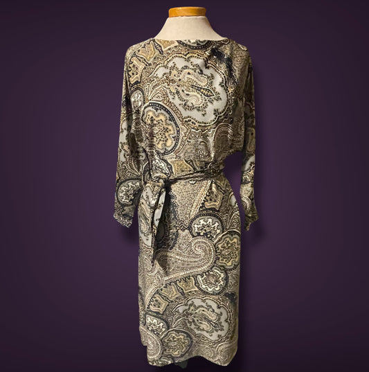 1970’s Brown, Gray, Black & White Paisley Pattern Bat Wing Belted Sheath Dress